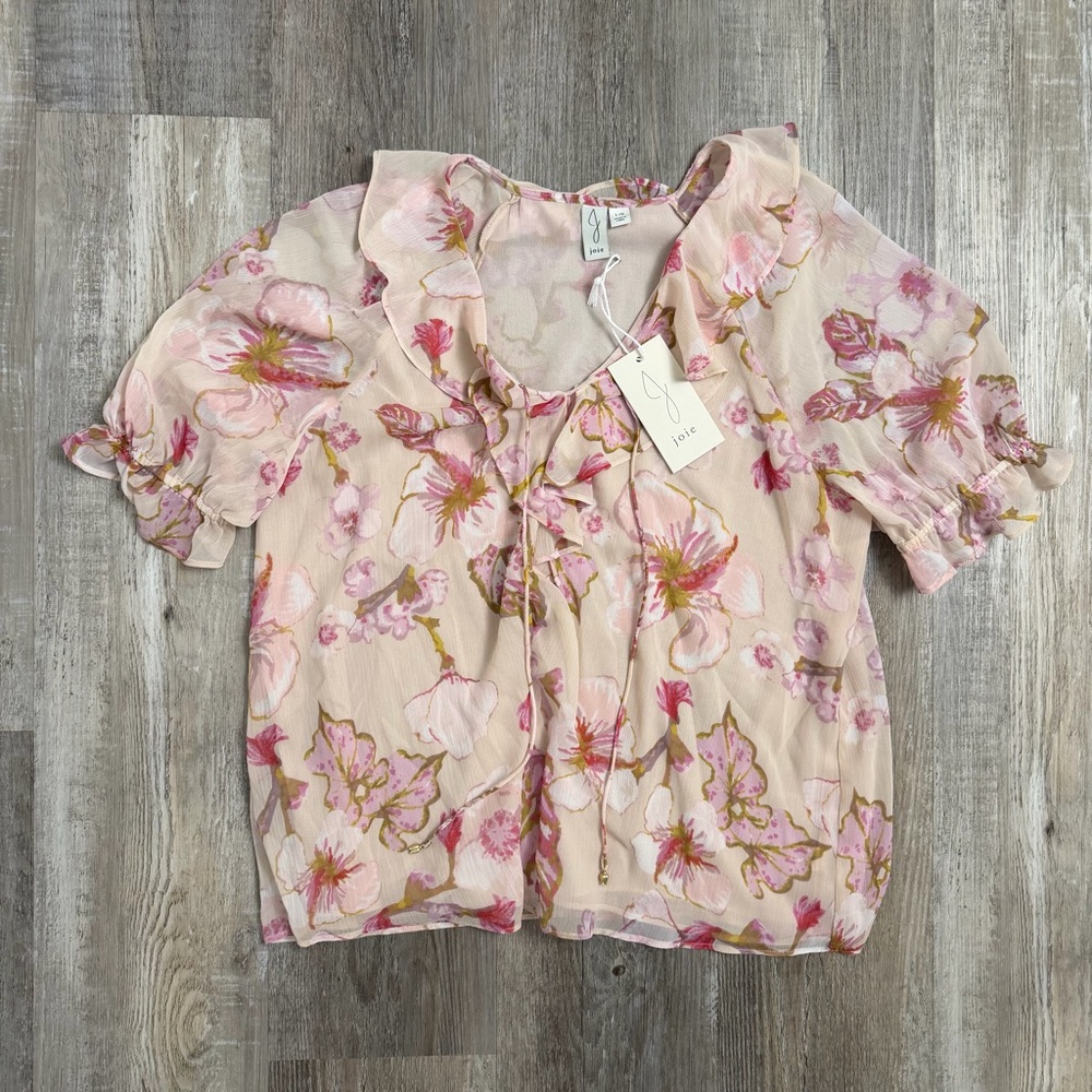 Joie Cream-Pink Floral Ruffle Tie-Neck Blouse-size Large NEW w/ tags🔥